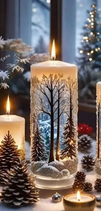 Winter candle scene with trees in snow
