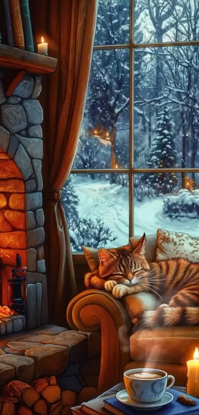 Cat sleeping by the fireplace with snowy outdoor view.