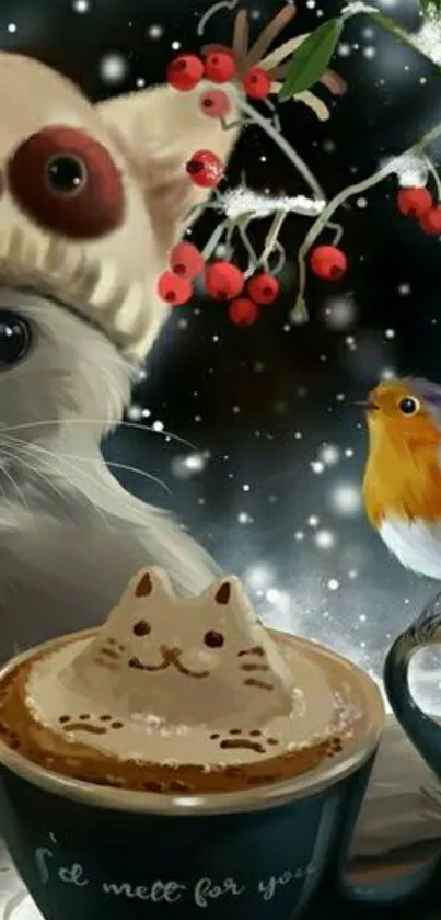 Cute winter scene with cat, bird, and festive coffee cup.