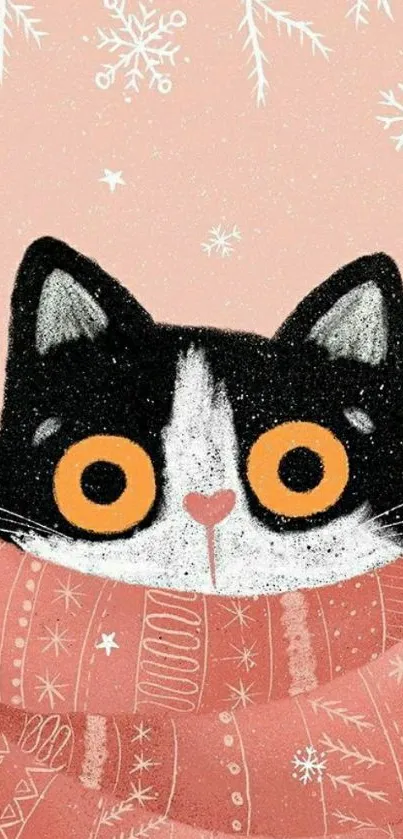 Cozy black and white cat in a red scarf with a peach winter background.