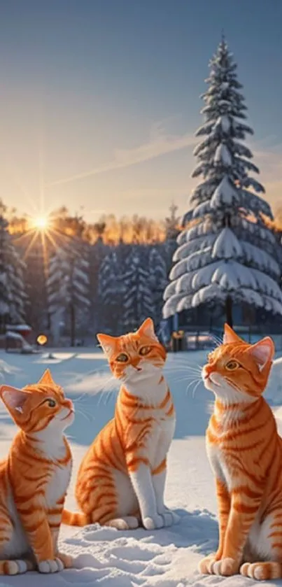 Three orange cats sitting in snowy winter scene at sunset.