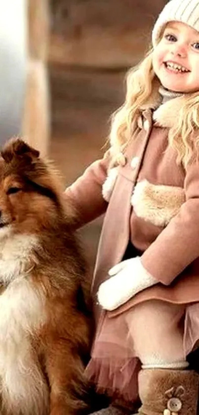 Child in winter coat with dog, rustic background.