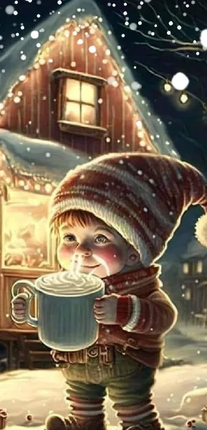 Child enjoying hot chocolate in a snowy, festive setting.