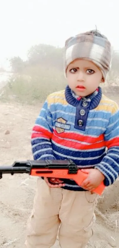 Adorable child in colorful winter clothes holding a toy gun outdoors.