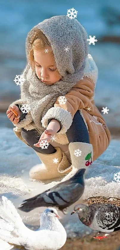 Child in warm clothes with snowflakes, interacting with pigeons.