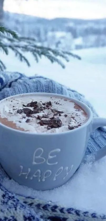 A cozy mug of cocoa in a snowy winter setting.