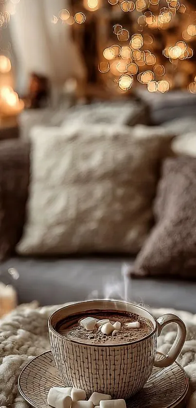 Cozy room with cocoa and marshmallows