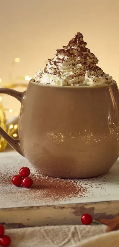 Cozy coffee mug with festive lights backdrop.