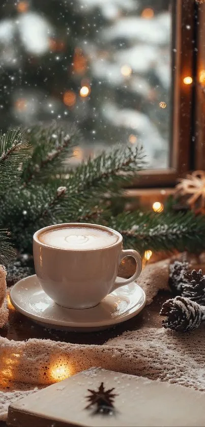 Cozy winter coffee cup by a frosted window with pine and festive lights.