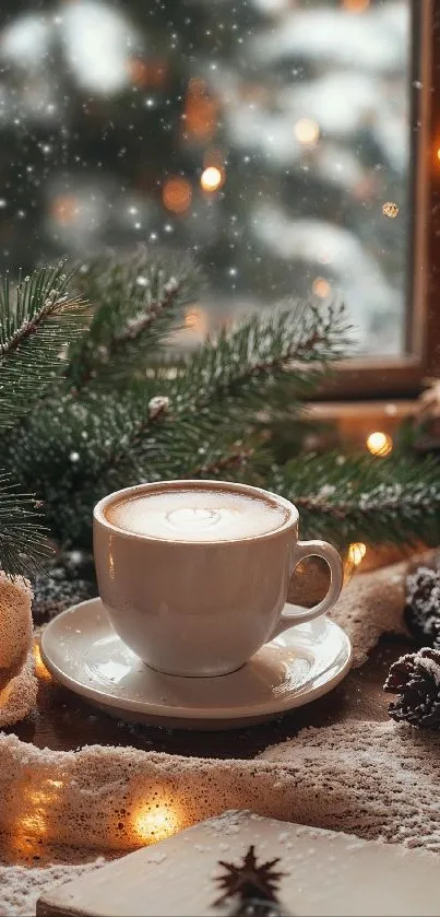 Cozy winter coffee cup by the window.