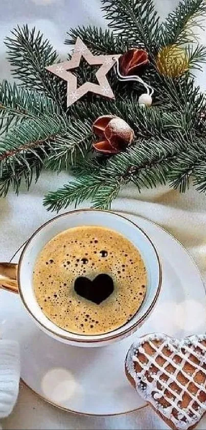 Cozy winter coffee scene with a heart-shaped cookie and evergreen decor.