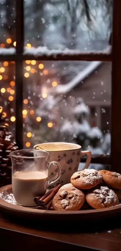 Cozy winter scene with coffee and cookies by the snow-covered window.