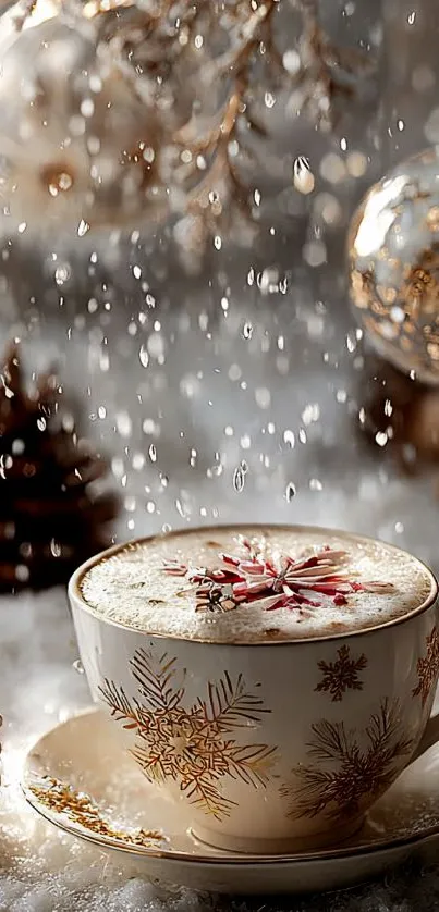 Cozy winter scene with coffee cup and ornaments under snow.