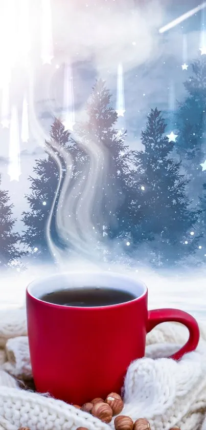 Red coffee cup with steam in a snowy winter scene.