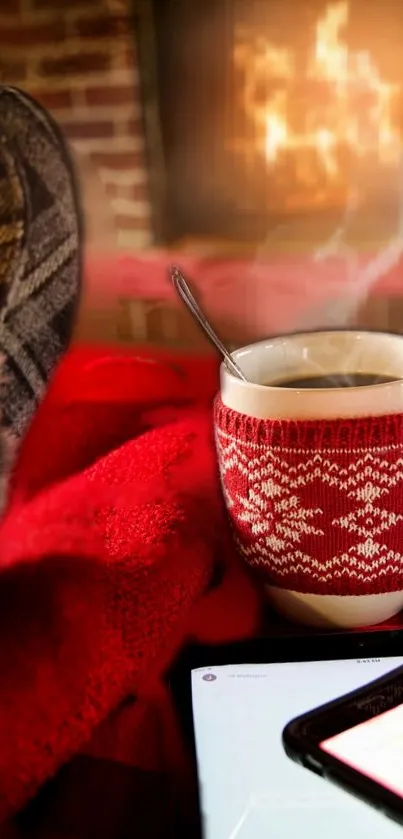 Cozy winter scene with coffee by the fire.