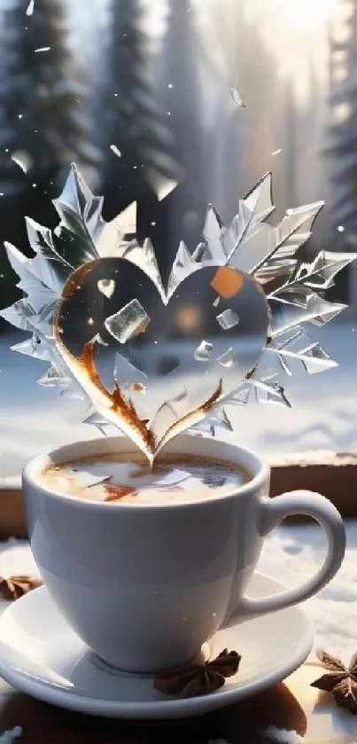 Cozy winter coffee wallpaper with frosty heart and steaming cup by snowy window.