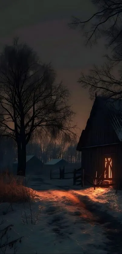 Glowing cabin at night amidst snowy trees.