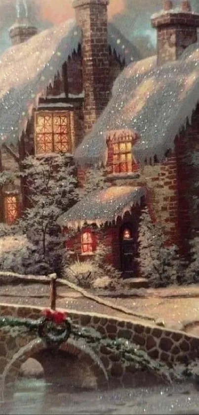 Cozy winter cottage scene with snow and glowing windows.