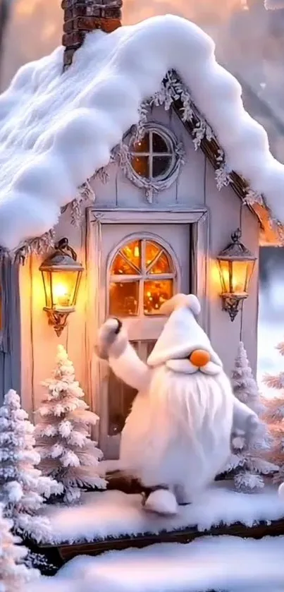 A cozy snow-covered cottage with warm glowing lanterns in a winter setting.