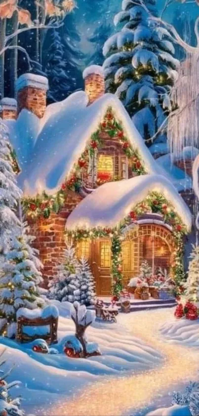 A snow-covered cottage with festive decorations in a winter forest setting.