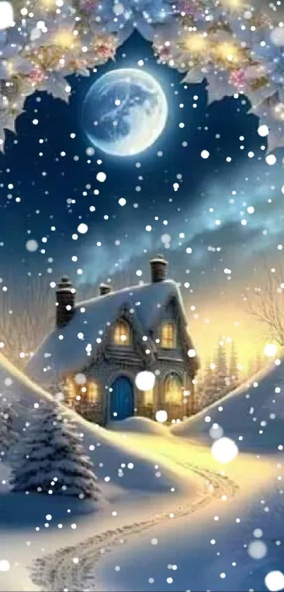 Cozy snowy cottage under moonlit night sky wallpaper.