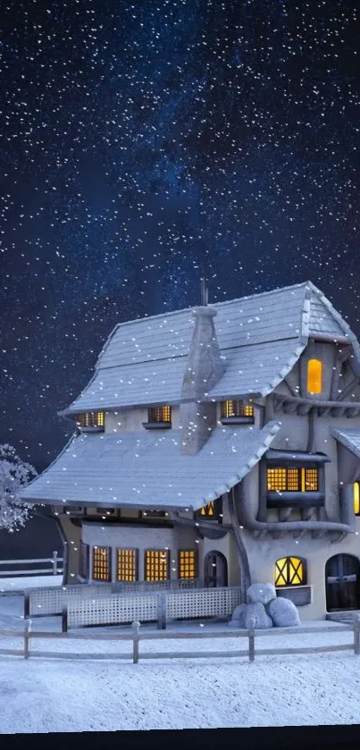 Cozy cottage with snow under a starry night sky.