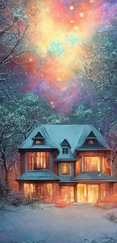 Magical winter cottage under a colorful cosmic sky.