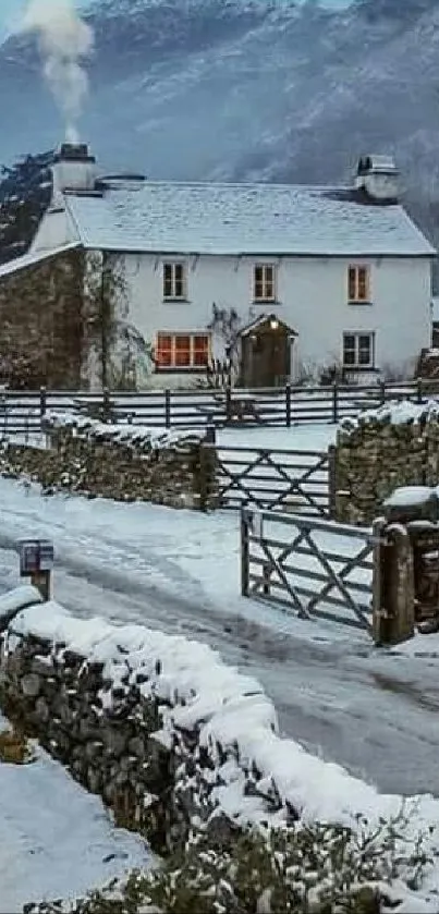 Snowy country cottage in a tranquil winter landscape.