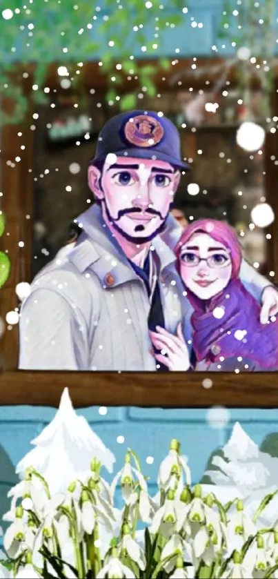 Illustrated couple by snowy window with winter scenery.