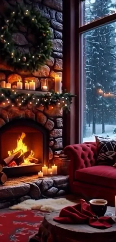 Cozy fireplace scene with candles and snow outside window.