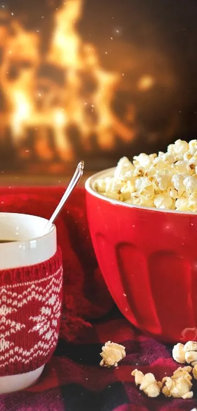 Cozy mobile wallpaper with fireplace, coffee, and popcorn.