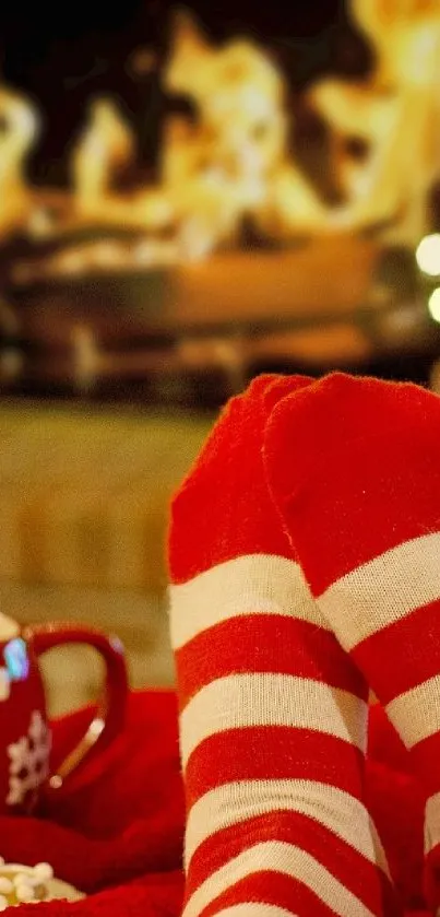 Cozy red striped socks by the warm fireplace, embodying winter comfort.