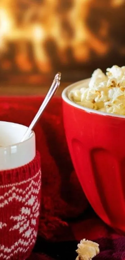 Cozy scene with popcorn by the fireplace.