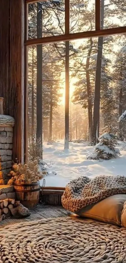 Cozy cabin interior with a snowy forest view through large windows at sunset.