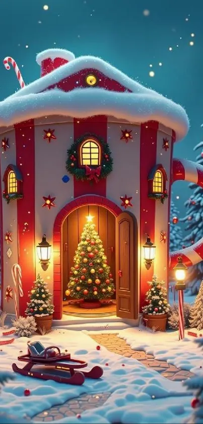 Festive gingerbread house with snow and decorations at night.