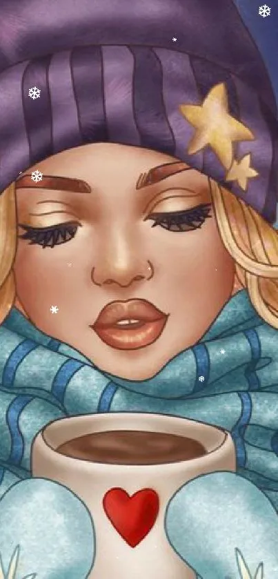 Cozy winter girl with coffee and stars in vibrant colors.