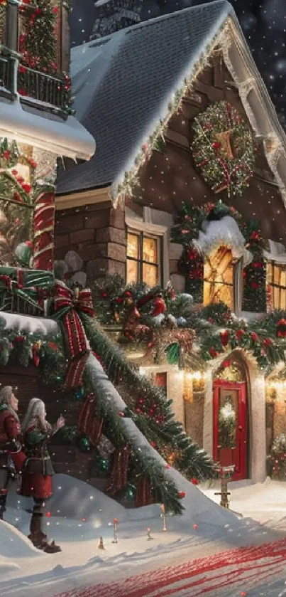 Cozy winter house with festive Christmas decorations and snow.