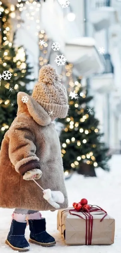 Child in warm coat with gift in snowy holiday scene.