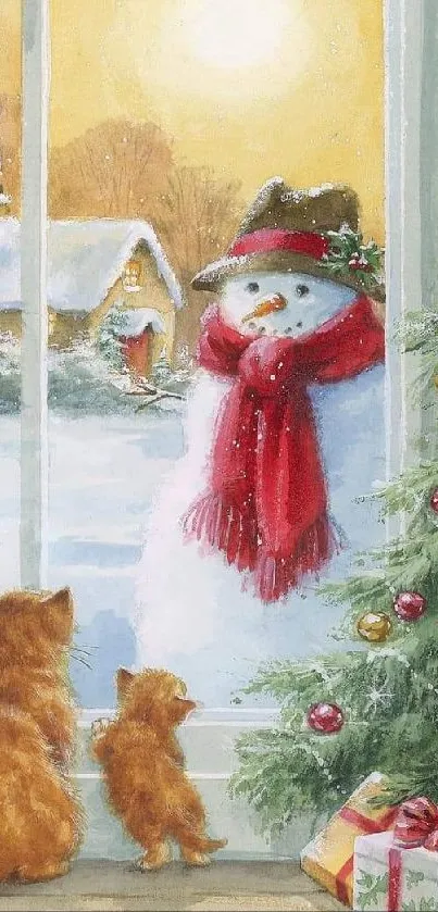 Snowy scene with snowman, cats, and Christmas tree at sunset.