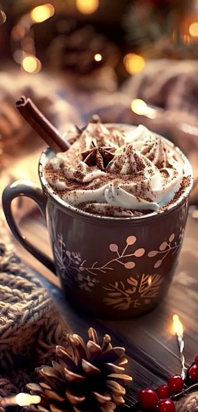 Mug of hot chocolate with whipped cream and festive decor.