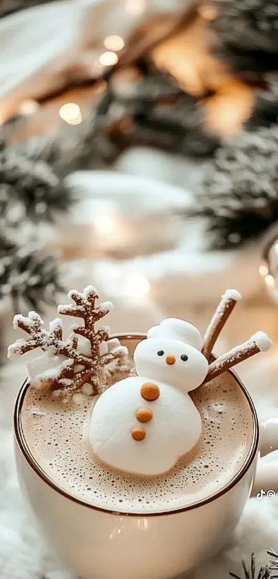 Hot chocolate with snowman marshmallow in a festive setting.