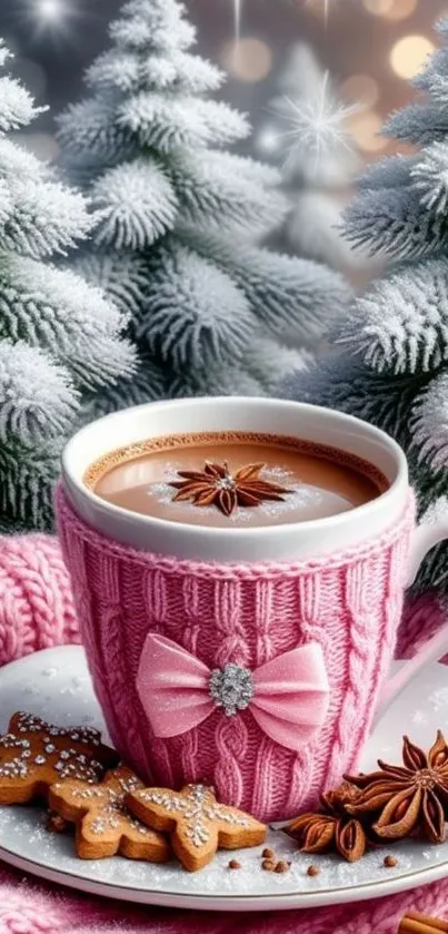 Cozy hot chocolate scene with a pink sweater mug and snowy trees.