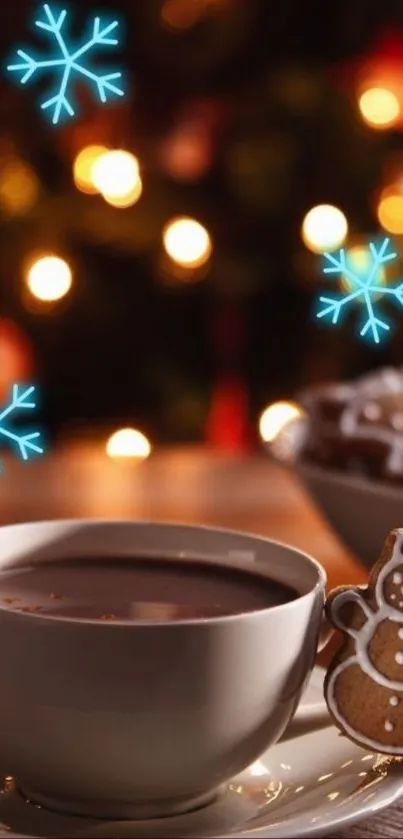 Warm cozy scene with hot chocolate and festive snowflake lights.