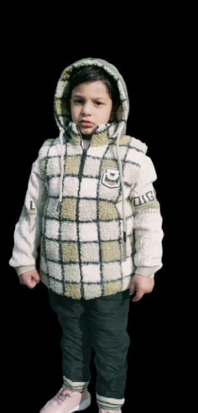 Kid in plaid hoodie standing with green backdrop.