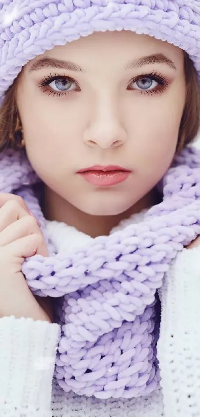 Person in pastel purple knit hat and scarf, winter style.