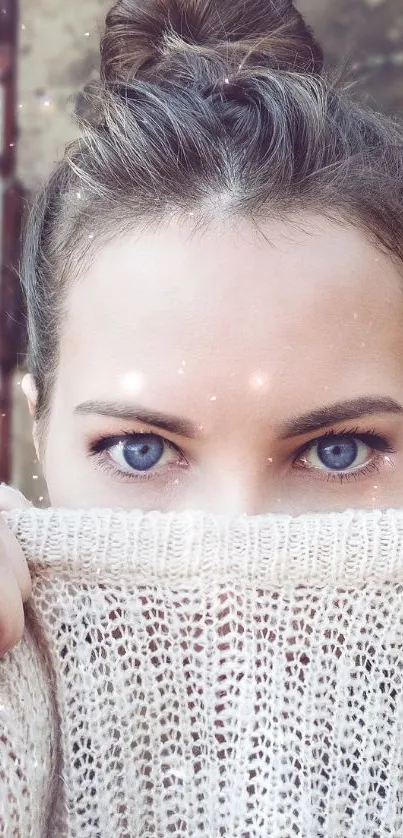 Close-up portrait with cozy knit sweater in winter style.