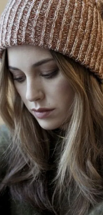 Woman in knitted hat with a cozy winter style.