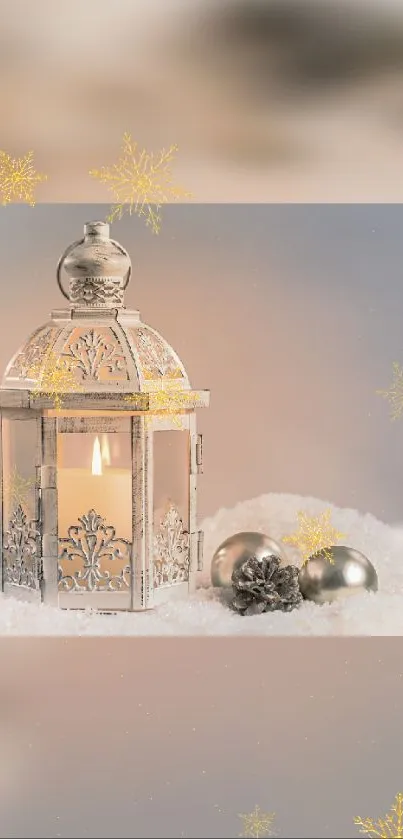 Cozy winter lantern in soft snow with holiday decor.