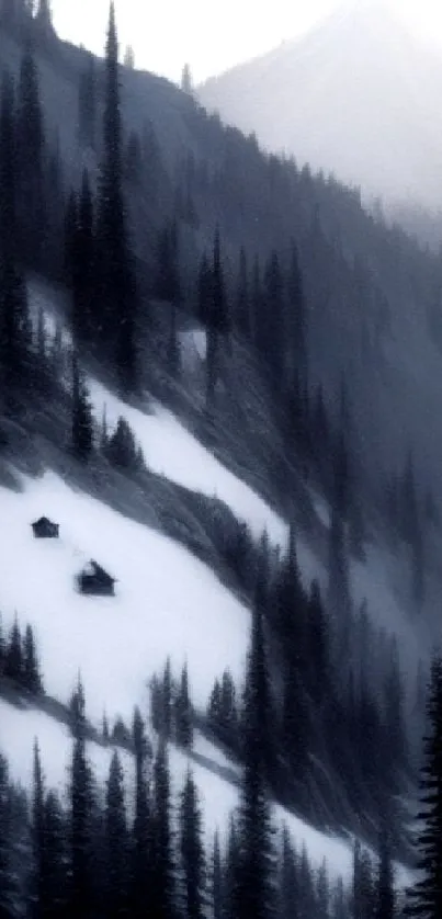 Snowy mountain with cabins and pine trees in a serene winter scene.