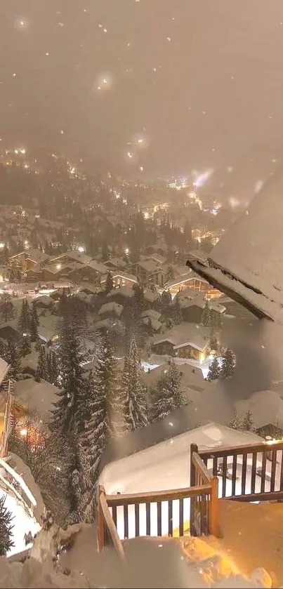 Snowy mountain village at night with warm glowing lights.